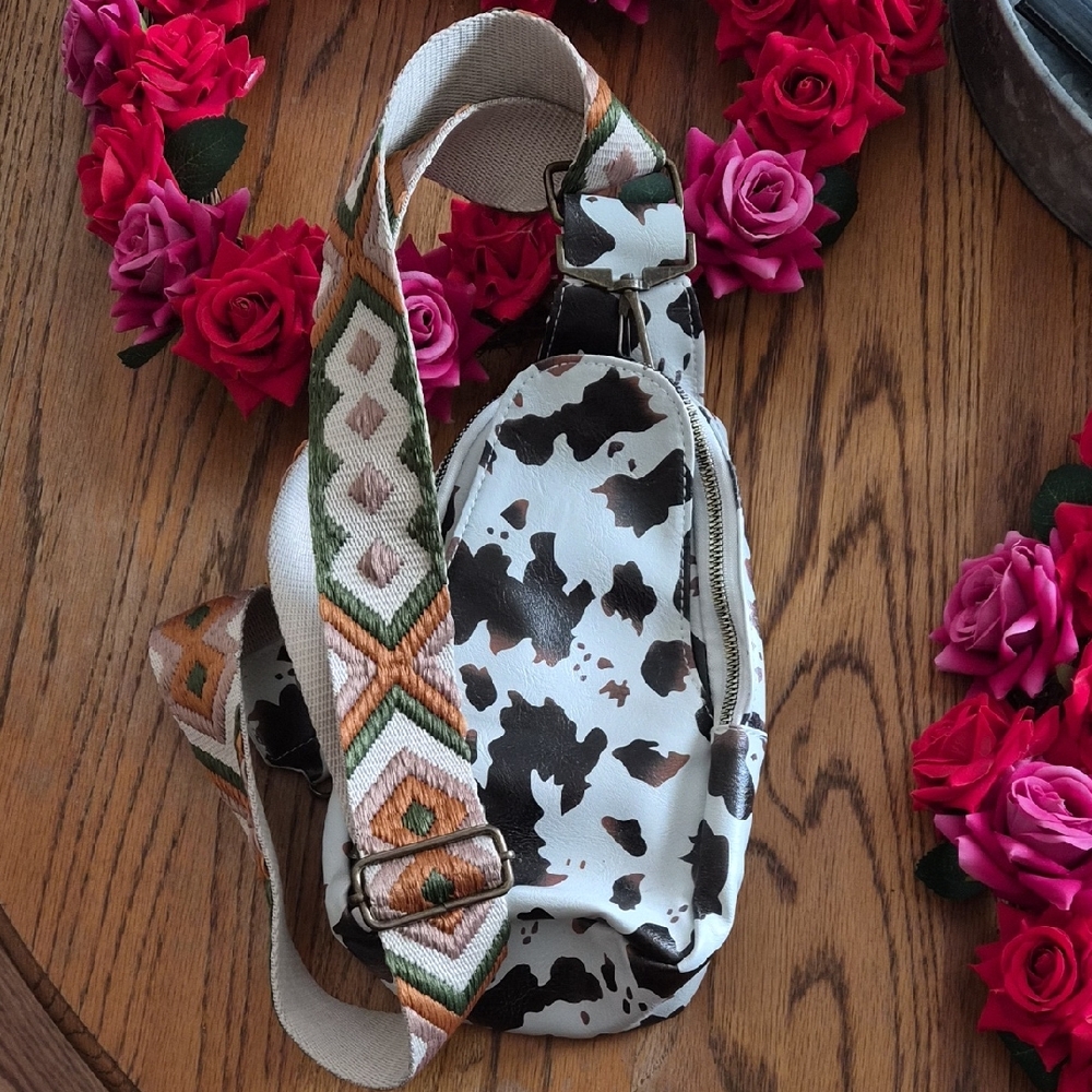 Cow Print Crossbody Bag with Patterned Strap